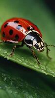 une fermer de une rouge coccinelle avec noir taches séance sur une vert feuille photo