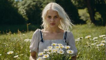 Jeune femme avec neigeux blanc cheveux habillé dans une robe d'été permanent dans une luxuriant vert champ avec marguerites sur une ensoleillé journée photo