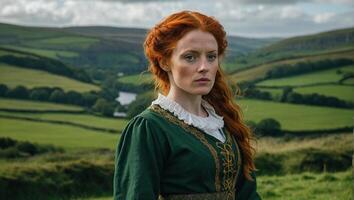 Jeune magnifique femme de irlandais descente avec ardent rouge cheveux portant un ancien traditionnel irlandais robe des stands au milieu de le pittoresque la nature de Irlande photo