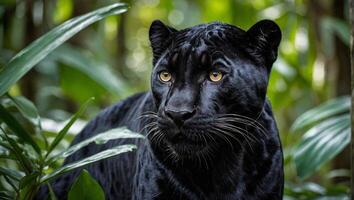 élégant et agile noir panthère regarder en alerte dans tropical forêt tropicale photo