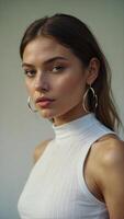 magnifique Jeune modèle fille avec cerceau des boucles d'oreilles et blanc vêtements photo