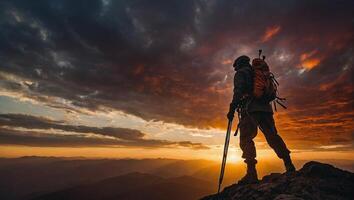 magnifique coup de une la personne permanent sur Haut de une Montagne à la recherche à le coucher du soleil photo