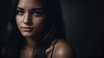 portrait de une Jeune fille avec foncé peau et longue foncé cheveux photo