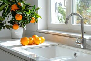 une brillant contemporain cuisine intérieur avec une vase avec un Orange arbre et Frais des oranges sur une blanc plan de travail photo