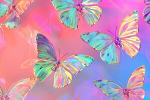 une vibrant montage de holographique papillons contre une rose toile de fond illustre le beauté de la nature rendu dans numérique art style photo