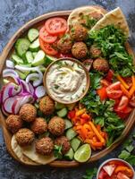 falafel plat avec tahini, Pita, et légumes photo