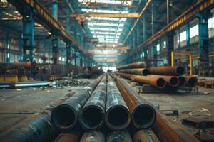 acier tuyaux à l'intérieur le usine ou entrepôt. industriel production photo