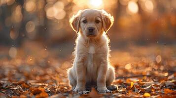 adorable d'or retriever chiot séance dans un automnal forêt photo