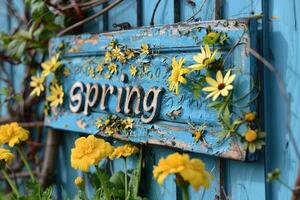une rustique bleu en bois signe en train de lire 'printemps' orné avec Frais Jaune fleurs contre une bleu toile de fond photo