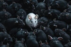 blanc Souris dans une grand groupe de noir rongeurs photo