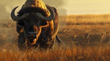 bison avec un intense regard dans d'or heure lumière photo