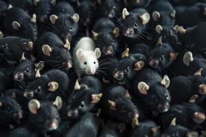 blanc Souris dans une grand groupe de noir rongeurs photo