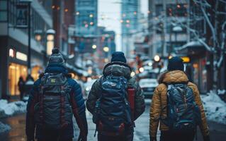 gens avec sacs à dos en marchant dans neigeux ville soir photo