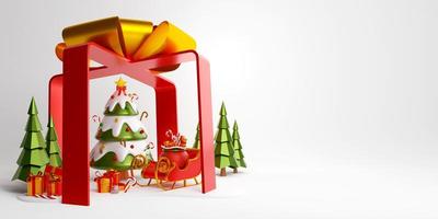 bannière de Noël d'arbre de Noël, de traîneau et de boîte-cadeau dans une grande boîte-cadeau, illustration 3d photo