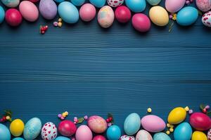 Pâques vacances fête bannière salutation carte bannière - Cadre fabriqué de peint Pâques des œufs sur bleu en bois table texture, Haut voir, plat allonger photo