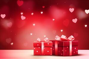 content la Saint-Valentin journée Valentin l'amour ou anniversaire fête vacances Contexte bannière illustration salutation carte - rouge cadeau des boites et cœurs sur table photo