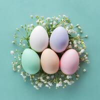 Pâques vacances composition pastel œufs, blanc fleurs Haut vue pour social médias Publier Taille photo