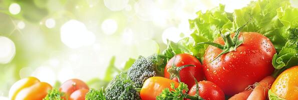 vibrant Frais des légumes bannière, mûr tomates, croustillant laitue, coloré carottes, et en bonne santé légumes verts avec des gouttes de rosée, parfait pour épicerie, marché, et biologique nourriture les publicités photo