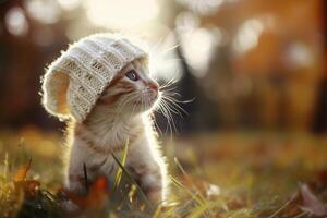 l'automne chaton dans lumière du soleil, confortable chapeau, mignonne animal de compagnie en plein air, d'or heure chaleur, animal la photographie, tomber saison ambiance photo