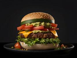 Burger est assis sur une assiette avec noir Contexte photo