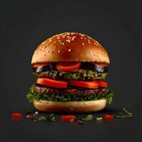 Frais savoureux Burger cette a tomates isolé sur une foncé Contexte photo