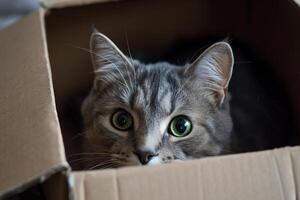 mignonne chat à la recherche en dehors de le boîte photo