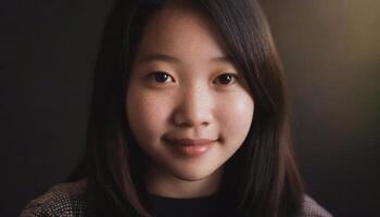 proche en haut portrait de une asiatique fille , marron yeux, noir cheveux, photo