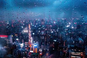 pluie gouttes sur fenêtre avec paysage urbain à nuit photo