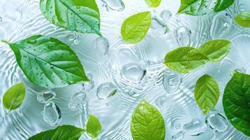 vert feuilles spectacle clair l'eau sur une lumière Contexte. été Contexte pour le afficher de Naturel produits de beauté. la nature Contexte pour luxe spa produit photo