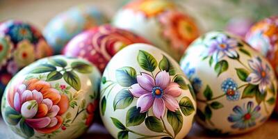 fermer beaucoup de magnifiquement peint Pâques œufs, magnifique floral modèle Pâques des œufs photo