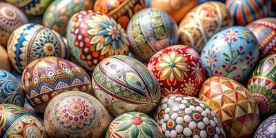 fermer beaucoup de magnifiquement peint Pâques œufs, magnifique floral modèle Pâques des œufs photo
