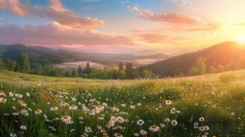 champ avec fleurs et montagnes photo