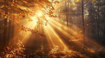 Soleil brillant par des arbres dans les bois photo