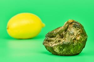 citron pourri et citron frais comparer, fond vert photo