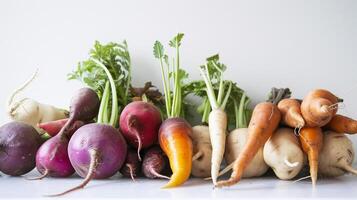 une vibrant tableau de Frais herbes et légumes, formes une captivant afficher sur le clair blanc surface. photo