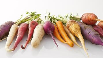 une vibrant tableau de Frais herbes et légumes, formes une captivant afficher sur le clair blanc surface. photo