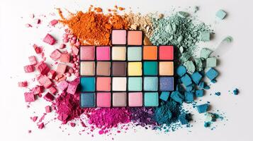 artistique maquillage palettes, une éclater de vibrant couleurs, sont arrangé dans une visuellement plaisant manière contre le parfait blanc Contexte photo