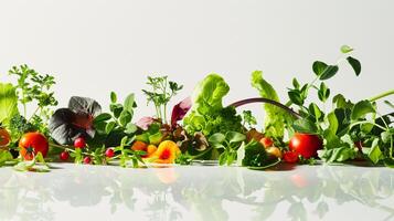 une vibrant tableau de Frais herbes et légumes, formes une captivant afficher sur le clair blanc surface. photo