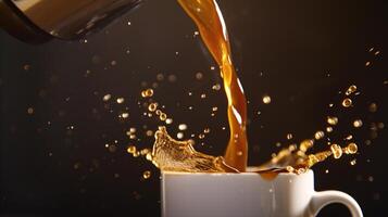 le fluide beauté de verser café dans une parfait tasse, capturé dans en l'air photo