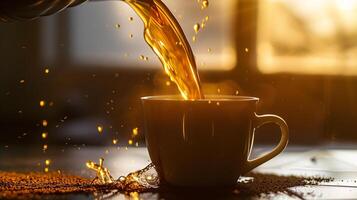 le fluide beauté de verser café dans une parfait tasse, capturé dans en l'air photo