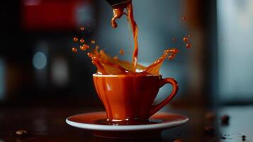 le fluide beauté de verser café dans une parfait tasse, capturé dans en l'air photo