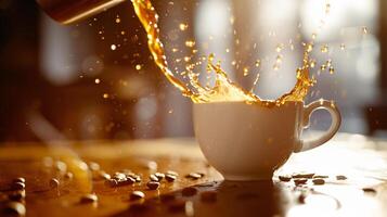 le fluide beauté de verser café dans une parfait tasse, capturé dans en l'air photo