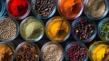 une composition de coloré italien épices dans petit verre pots formes une visuellement stimulant arrangement photo