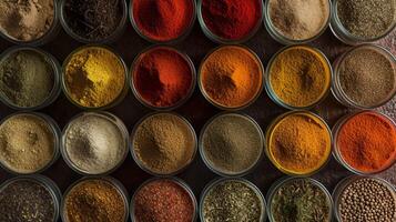 une composition de coloré italien épices dans petit verre pots formes une visuellement stimulant arrangement photo