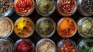 une composition de coloré italien épices dans petit verre pots formes une visuellement stimulant arrangement photo