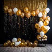 or et blanc des ballons avec or confettis chute vers le bas plus de noir Contexte. Nouveau année, anniversaire ou mariage fête généré.ai photo