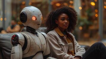 magnifique africain femme et robot séance dans canapé, robot en gardant Humain entreprise, artificiel intelligence prise plus de concept, des robots remplacer humains photo