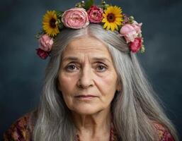 un personnes âgées femme portant une couronne. photo