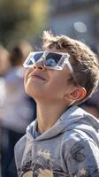 une Jeune garçon portant protecteur des lunettes est en train de regarder le solaire éclipse. photo