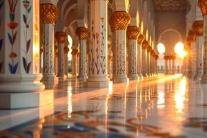 mosquée intérieur avec magnifique sol, Colonnes et plafond, ensoleillement à venir bien que le Contexte photo